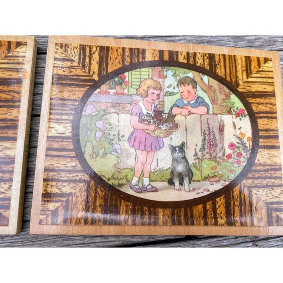 Vintage Wood Plaques Children With Puppy and Kittens - Picture 3 of 10